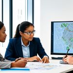 A diverse group of five professional urban planners, adults, are gathered around a large table in a modern, well-lit study room. They are engaged in an active, collaborative discussion, reviewing detailed urban maps and digital blueprints displayed on a large screen, with some taking notes on laptops and paper documents. The atmosphere is focused and collaborative. All individuals are fully clothed in appropriate, modest professional business attire, reflecting a serious and dedicated approach to their work. safe for work, appropriate content, fully clothed, professional, perfect anatomy, correct proportions, natural pose, well-formed hands, proper finger count, natural body proportions, professional photography, high quality.