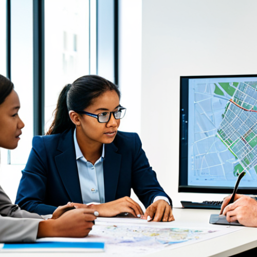 Home 4 A diverse group of five professional urban planners, adults, are gathered around a large table in a modern, well-lit study room. They are engaged in an active, collaborative discussion, reviewing detailed urban maps and digital blueprints displayed on a large screen, with some taking notes on laptops and paper documents. The atmosphere is focused and collaborative. All individuals are fully clothed in appropriate, modest professional business attire, reflecting a serious and dedicated approach to their work. safe for work, appropriate content, fully clothed, professional, perfect anatomy, correct proportions, natural pose, well-formed hands, proper finger count, natural body proportions, professional photography, high quality.
