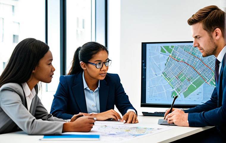 A diverse group of five professional urban planners, adults, are gathered around a large table in a modern, well-lit study room. They are engaged in an active, collaborative discussion, reviewing detailed urban maps and digital blueprints displayed on a large screen, with some taking notes on laptops and paper documents. The atmosphere is focused and collaborative. All individuals are fully clothed in appropriate, modest professional business attire, reflecting a serious and dedicated approach to their work. safe for work, appropriate content, fully clothed, professional, perfect anatomy, correct proportions, natural pose, well-formed hands, proper finger count, natural body proportions, professional photography, high quality.