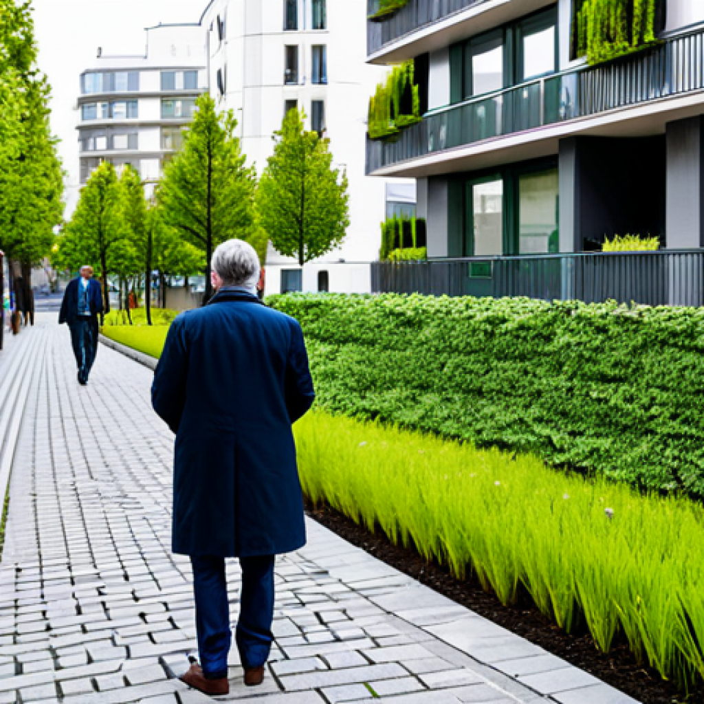 A professional urban planner, fully clothed in modest business attire, stands in a vibrant, modern French city neighborhood, observing innovative green infrastructure. The scene features a multi-story building with a lush green roof and a prominent vertical garden covering its facade. Mature trees line a street designed with permeable paving, leading to visible rain gardens. People in the background are seen enjoying these sustainable green spaces. The image conveys an optimistic and forward-looking atmosphere of urban sustainability. Professional photography, high-resolution, clean composition, natural lighting, perfect anatomy, correct proportions, natural pose, well-formed hands, proper finger count, natural body proportions, safe for work, appropriate content, professional dress.