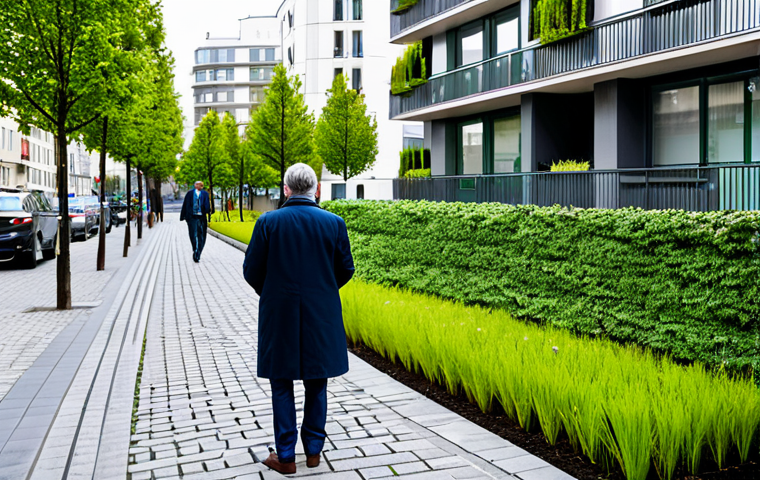 A professional urban planner, fully clothed in modest business attire, stands in a vibrant, modern French city neighborhood, observing innovative green infrastructure. The scene features a multi-story building with a lush green roof and a prominent vertical garden covering its facade. Mature trees line a street designed with permeable paving, leading to visible rain gardens. People in the background are seen enjoying these sustainable green spaces. The image conveys an optimistic and forward-looking atmosphere of urban sustainability. Professional photography, high-resolution, clean composition, natural lighting, perfect anatomy, correct proportions, natural pose, well-formed hands, proper finger count, natural body proportions, safe for work, appropriate content, professional dress.