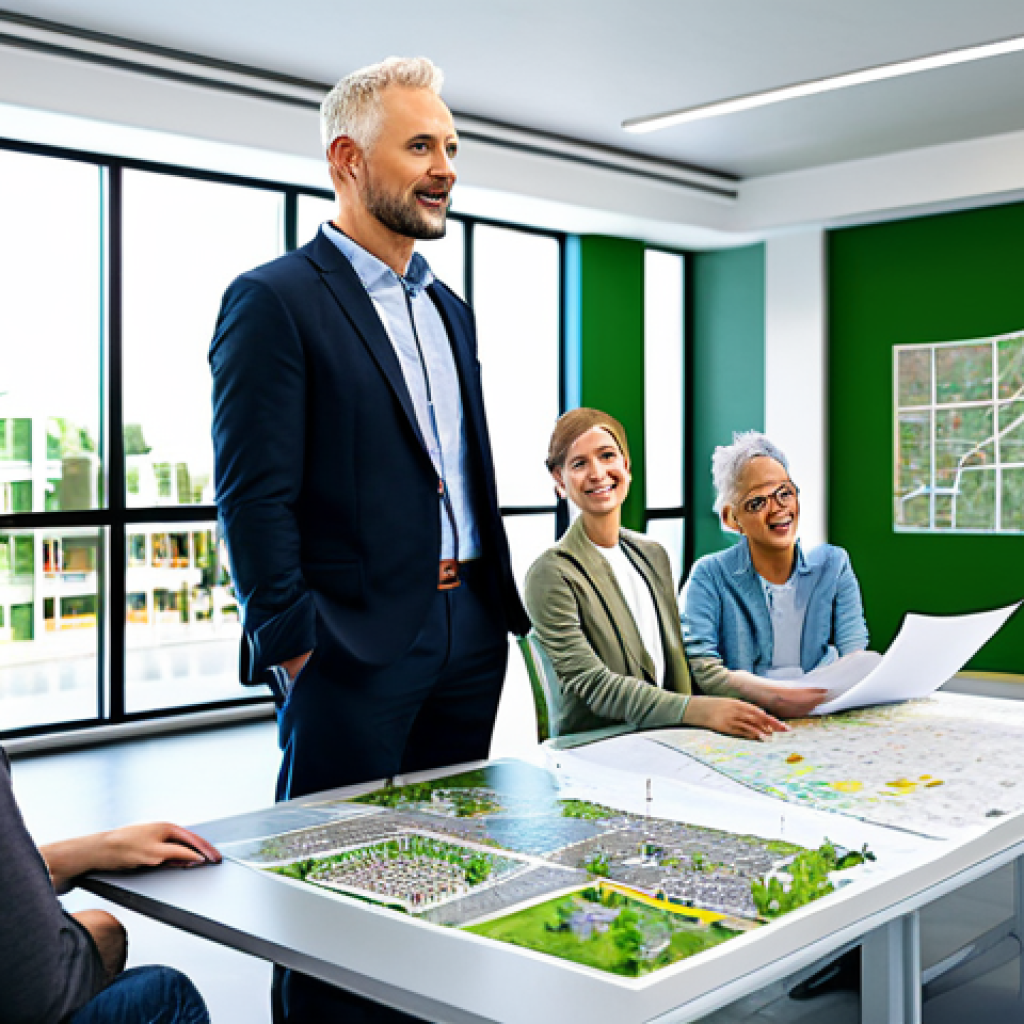 **

A professional urban planner, fully clothed in smart casual attire, presenting a city plan to a diverse group of community members in a bright, modern community center. The plan showcases sustainable development and green spaces. Safe for work, appropriate content, family-friendly, perfect anatomy, natural proportions, professional setting.

**