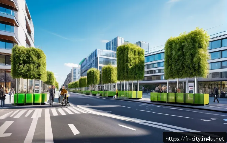 도시계획 전문가의 경력 발전 사례 - A futuristic smart city street scene in a French urban environment, showcasing adaptive AI-driven in...