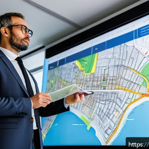 Home 31 도시계획 자격증에 대한 오해와 진실 - A professional urban planner standing confidently in front of a large digital touchscreen display sh...