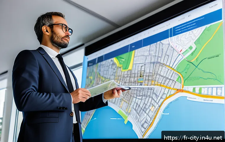 도시계획 자격증에 대한 오해와 진실 - A professional urban planner standing confidently in front of a large digital touchscreen display sh...