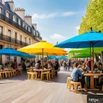 Home 18 도시계획 관련 최신 동향 - A vibrant French urban public square in Paris, transformed from a car-dominated space into a pedestr...