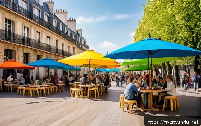 도시계획 관련 최신 동향 - A vibrant French urban public square in Paris, transformed from a car-dominated space into a pedestr...