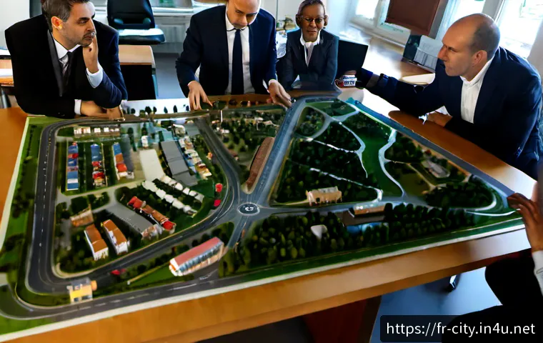 도시계획 프로젝트 진행 방식 - Photorealistic urban planning project workshop in a modern French municipal office, diverse planners...